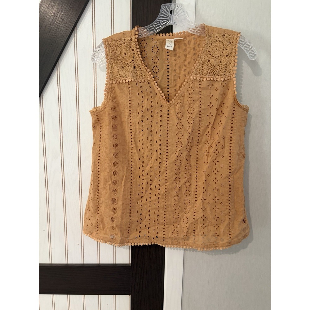 Joie Women's Eyelet Crochet V-Neck Tank Top Peach/Brown 100% Cotton Size Small